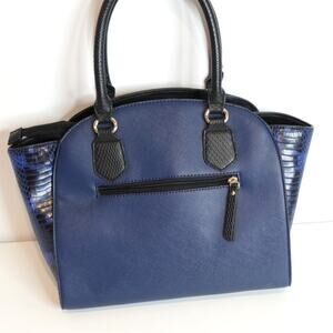 APT 9 Navy Trapeze Purse with Short Handles / faux snakeskin sides